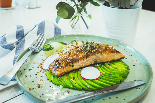 Sous Vide Miso Salmon And Avocado Served With Quinoa Edamame Salad