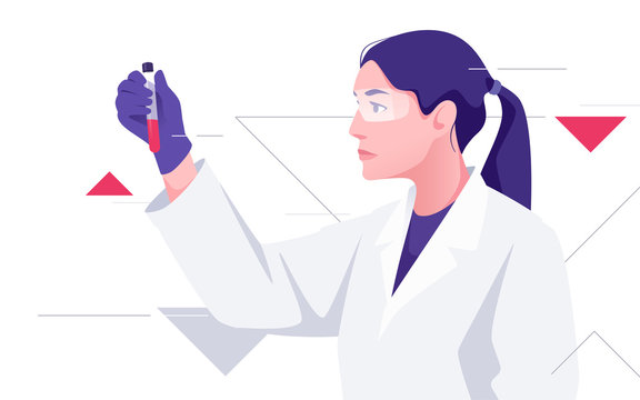 A woman medical scientist works with the blood sample. Vector illustration on the topic of medicine, science, research, microbiology