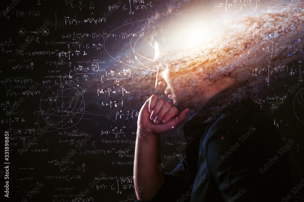 Wall mural science about nature and about man, pensive man with space in the brain and physical and mathematica