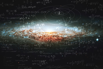 Science and research of the universe, spiral galaxy and physical formulas, concept of knowledge and education - obrazy, fototapety, plakaty