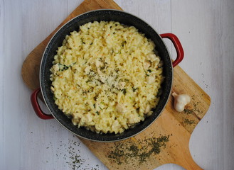 Creamy Chicken Alfredo Pasta Recipe. Top view.