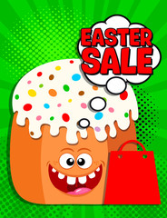 Easter sale banner with funny easter cake. Vector background in in pop art style. Vector illustration