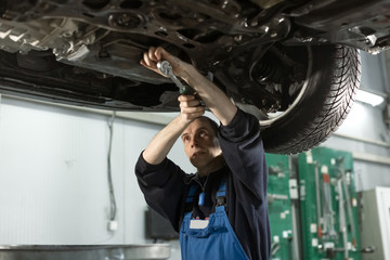 Auto mechanic working on car engine in mechanics garage. Repair service. authentic. Wrench, Spanner. 