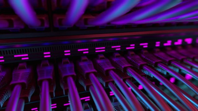 Close-up View of Modern Internet Network Switch With Plugged Ethernet Cables. Blinking Lights on Internet Server. Concept of Data Center, Cloud Computing and Telecommunications. Endless Loop.