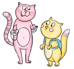 Hand drawn cartoon illustration of mom and child. Mother cat is giving to a kid a medicine mask and hand antiseptic to protect themselves from the coronavirus infection covid-19 during the pandemic. 