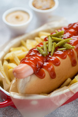 Close-up of hot-dog with ketchup, pickles and french fries, selective focus, vertical shot