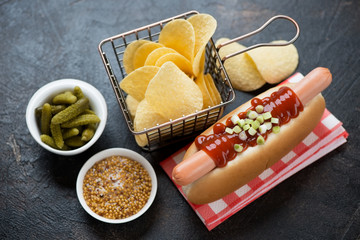 Hot-dog served with potato chips, pickles and mustard on a dark brown stone background, studio shot