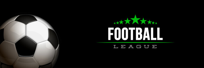 Obraz premium football tournament sport poster design banner with 3d realistic shiny ball isolated on black background. horizontal flyer Illustration soccer championship template with realistic black and white ball