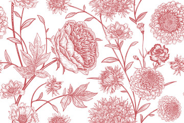 Gartenblumen Pfingstrosen. Nahtloses Blumenmuster. Handzeichnung. © marinavorona