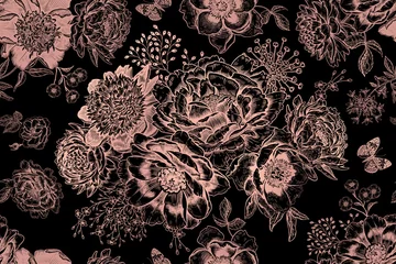 Nahtloses Muster mit Pfingstrosen und Blättern. Schwarzer und goldener Foliendruck. © marinavorona