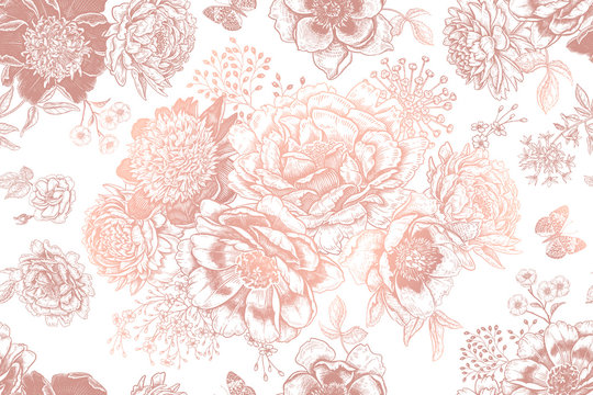Seamless pattern with peonies and leaves. White and gold foil print.