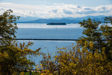 Lake Champlain Vermont view of boats and Mountains 