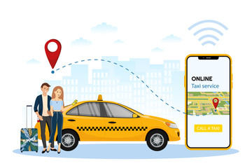 People using online ordering taxi car sharing mobile application concept. Online ordering taxi car, rent and sharing using service mobile application. © IceVector