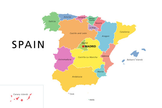 Spain political map with colored administrative divisions. Kingdom of Spain with the capital Madrid and the autonomous communities. English labeling. Isolated illustration on white background. Vector.