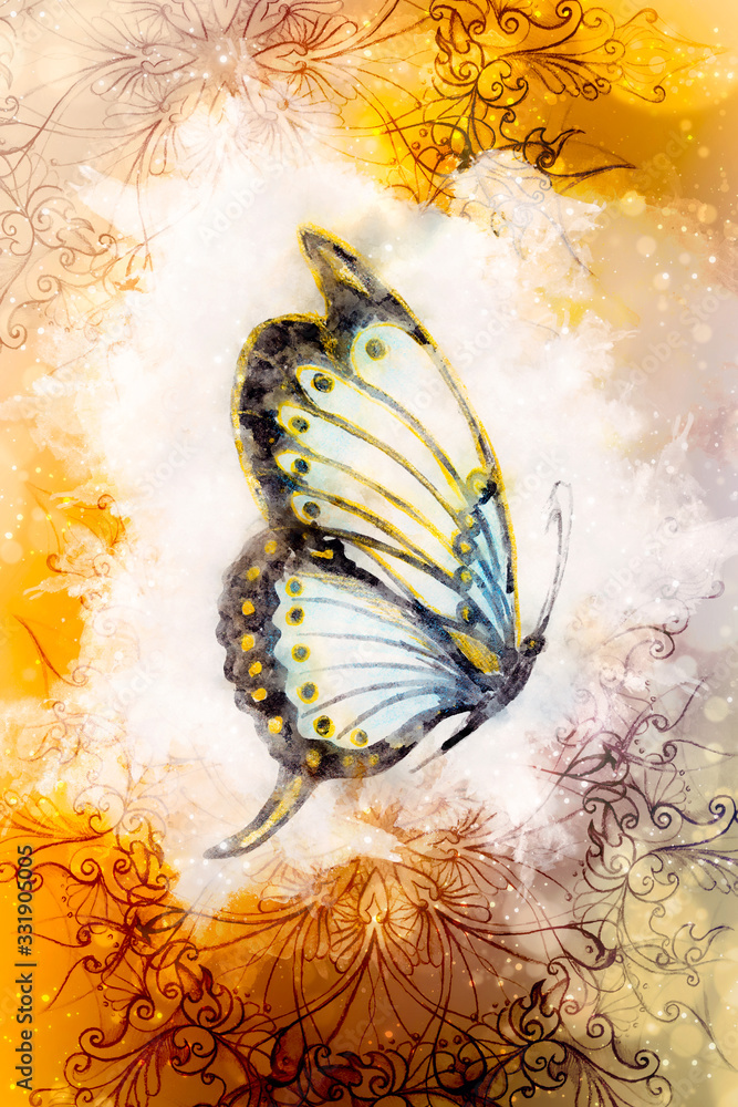Aufkleber illustration of a butterfly and ornament, mixed medium. abstract color background.