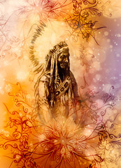 drawing of native american indian foreman Sitting Bull - Totanka Yotanka according historic photography, graphic collage.