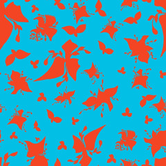 Ink flowers abstract seamless background, pattern, abstract wild flower, dandelion, branch. Isolated on blue background Grunge flowers and plants in a watercolor style and mascara on a thin branch.