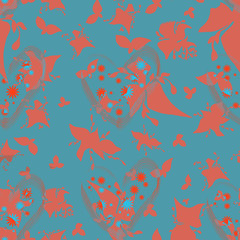 Ink flowers abstract seamless background, pattern, abstract wild flower, dandelion, branch. Isolated on blue background Grunge flowers and plants in a watercolor style and mascara on a thin branch.