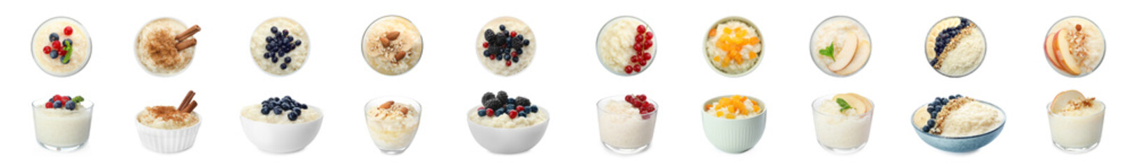 Set of delicious rice puddings on white background. Banner design