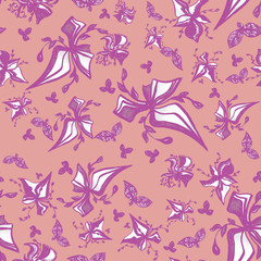 Ink flowers abstract seamless background, pattern, abstract wild flower, dandelion, branch. Isolated on pink background. Grunge flowers and plants in a watercolor style and mascara on a thin branch.