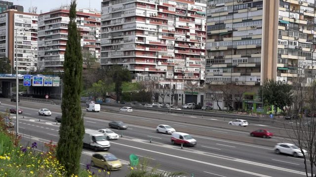 Urban highway traffic in Madrid, Spain
