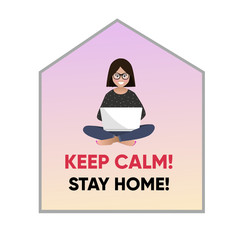 Coronavirus. Keep calm. Stay home. Smiling girl with face mask working on laptop at home. House shape silhouette. Quarantine. vector flat illustration.