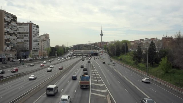 Highway traffic in a big city, Madrid