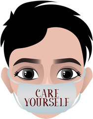 Take care of youself. Person in a medical mask. Epidemic, pandemic. Medical poster. Disease Prevention