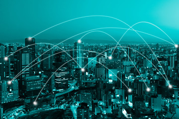 Business network connection on city financial background