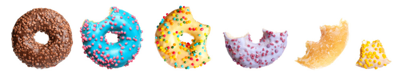Set of glazed delicious donuts on white background