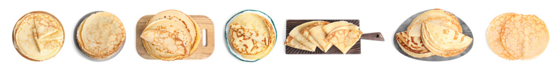 Set of delicious thin pancakes on white background, top view. Banner design