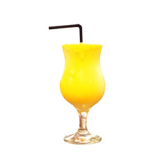 Mango Lassi or mango smoothie in glass isolated on white background. Indian mango yogurt yellow drink