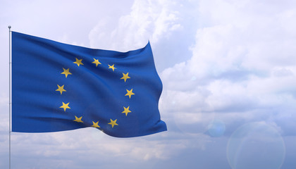 Waving flags of the world - Official EU flag. European Union Flag. 3D illustration.