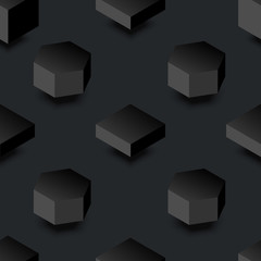 Minimal black seamless pattern background. Geometric 3D figures on dark field tile. Vector abstract texture wallpaper template