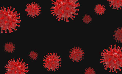 Red virus bacteria cells 3D render background image on black background. Flu, influenza, coronavirus model illustration. Covid-19 banner.