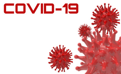 Covid-19 banner. Red virus bacteria cells 3D render background image on white background. Flu, influenza, coronavirus model illustration