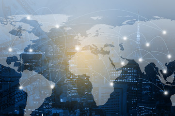 Double exposure global concept of business and technology network on city background. element of this image furnished by NASA.