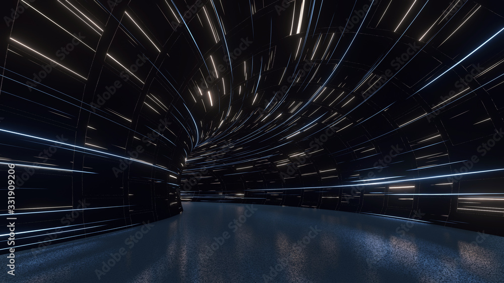 Poster 3d rendering of curved tunnel with led glowing lights on ceiling and reflection from puddle on wet d