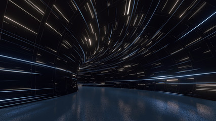 3D Rendering of curved tunnel with led glowing lights on ceiling and reflection from puddle on wet dark street surface. Concept for fast business technology, car advertising background