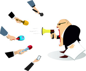 Emotional newsperson, megaphone and hands with microphones illustration. Politician or businessman with megaphone gives information to reporters isolated on white
