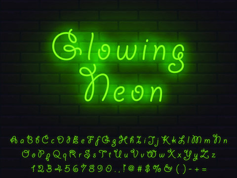 Set of green color nice cute fairy vintage neon font. Letters, numerals, signs, icons with transparent glow for web design and advertising