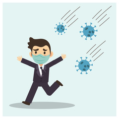 Businessman is run away from virus. Flat vector cartoon illustration.