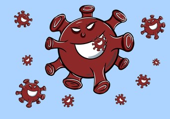 Cartoon flat icon red epidemic from virus covid 19 is spreading with blue background.