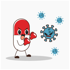Cute strong medicine capsule fighting with virus. Vector cartoon illustration.