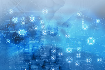 Double exposure global concept of business and technology network on city background
