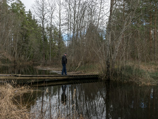 river view in early spring, dry grass and bare tree silhouettes