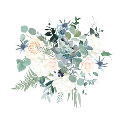 Silver sage green, pink blush and white flowers vector design spring bouquet