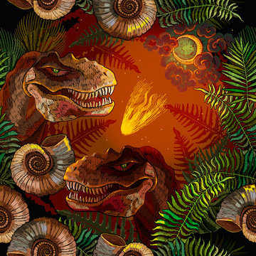 Asteroid that wiped out the dinosaurs. Prehistoric life. Archeology and paleontology art. Template for print design. Tyrannosaurus rex, palm leaves, ammonite fossil