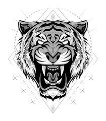 Tiger logo. Black white illustration of a tiger head. Portrait of a predator. Tattoo wild cats.