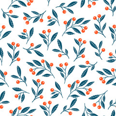 Decorative seamless pattern with leaves and berries. Endless texture.